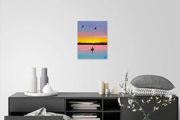 Sunset Fishing | Original Art Acrylic Painting, 11x14 wood panel by Norma Abou-Rizk