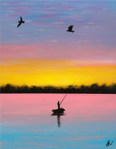 Sunset Fishing | Original Art Acrylic Painting, 11x14 wood panel by Norma Abou-Rizk